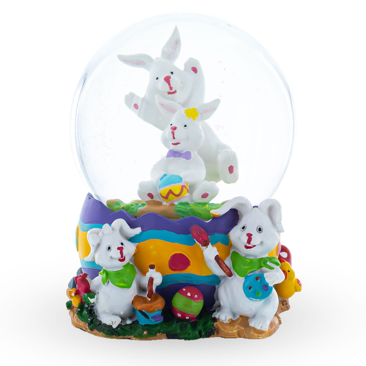 Spring Easter Egg Painting Rabbits Music Box Snow Globe 6 Inches Tall